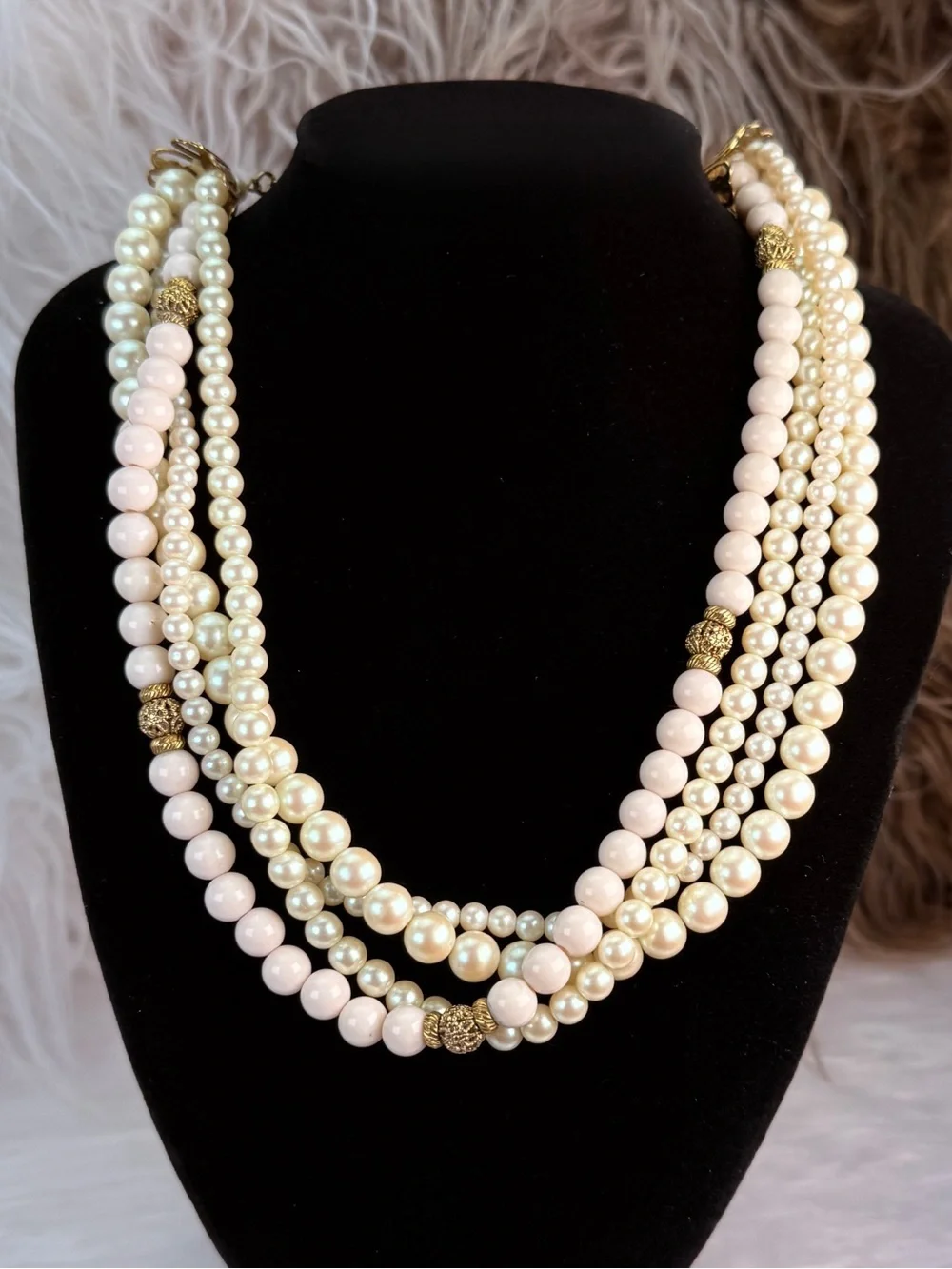 1928 Multi Strand Cream Blush Bead Gold Tone Statement Necklace Vintage